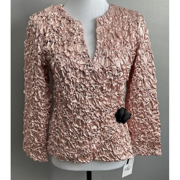 NEW NWT Womens CACHE Pink Sequin Faux Wrap Dressy Top Rose Accent Blouse Sz M - Picture 1 of 8